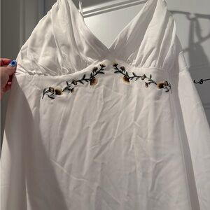 White V-Neck Embroidered Floral Mini Dress